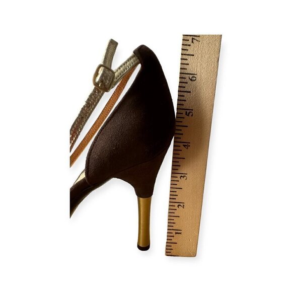 Charles Jourdan Brown Suede Ankle Strap Pumps With Gold Metal Heel, Size 8 1/2 - Picture 11 of 15
